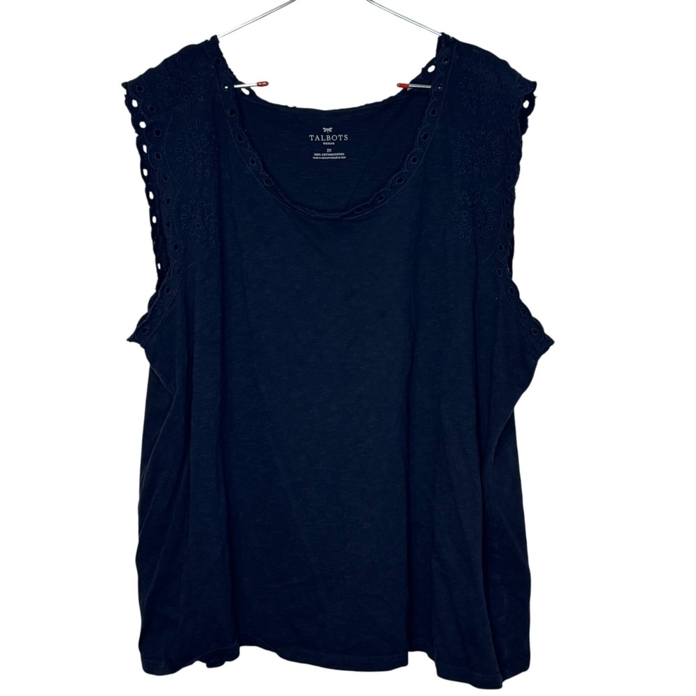 Talbots Womens Blouse Sleeveless Eyelet Tank Navy Lace Trim Feminine Chic 2X
